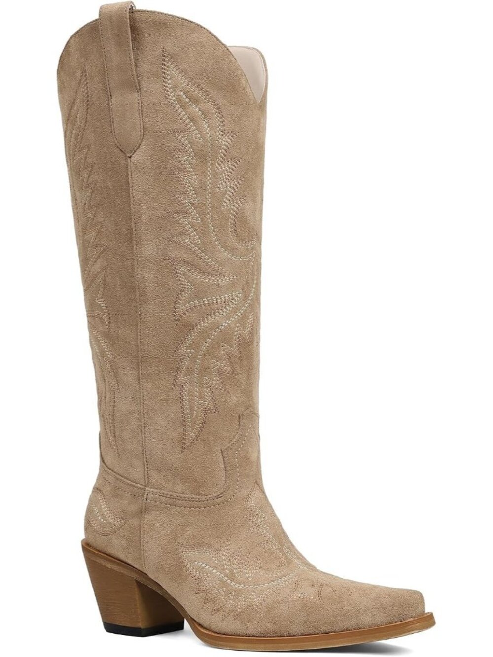 Women's Camel2 Western Cowgirl Boot Knee High Snip Toe Embroidered Boots Pull On